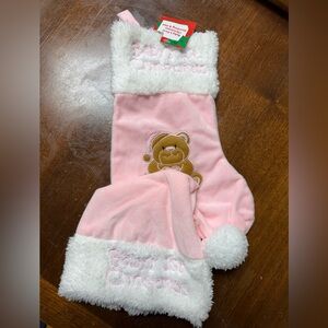 Pink and White Baby's First Christmas Stocking and Hat Set